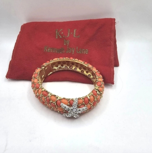 Kenneth Jay Lane Crystal Starfish Faux Coral Cuff Bracelet - Picture 2 of 3